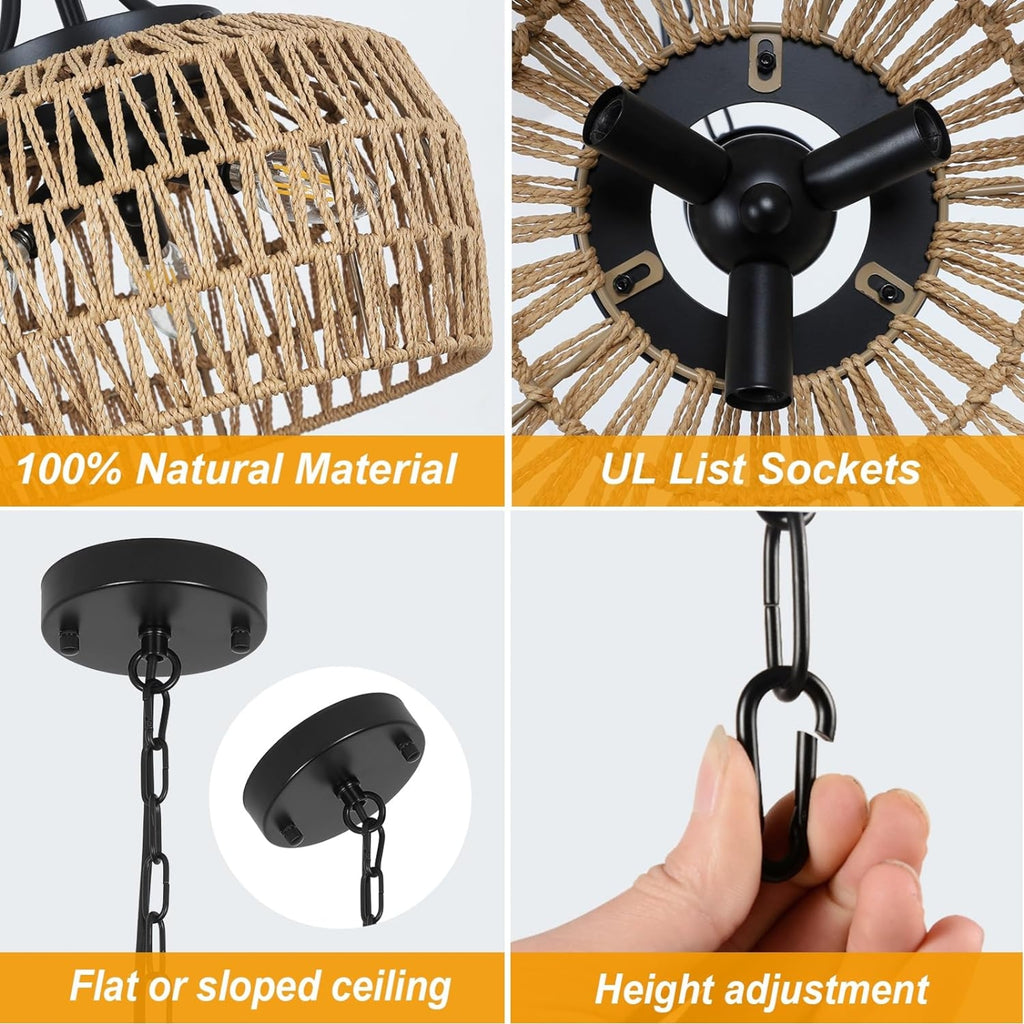 Farmhouse Chandelier For Dining Room, 3-Light Boho Rattan Chandelier Light Fixture Ceiling Hanging W