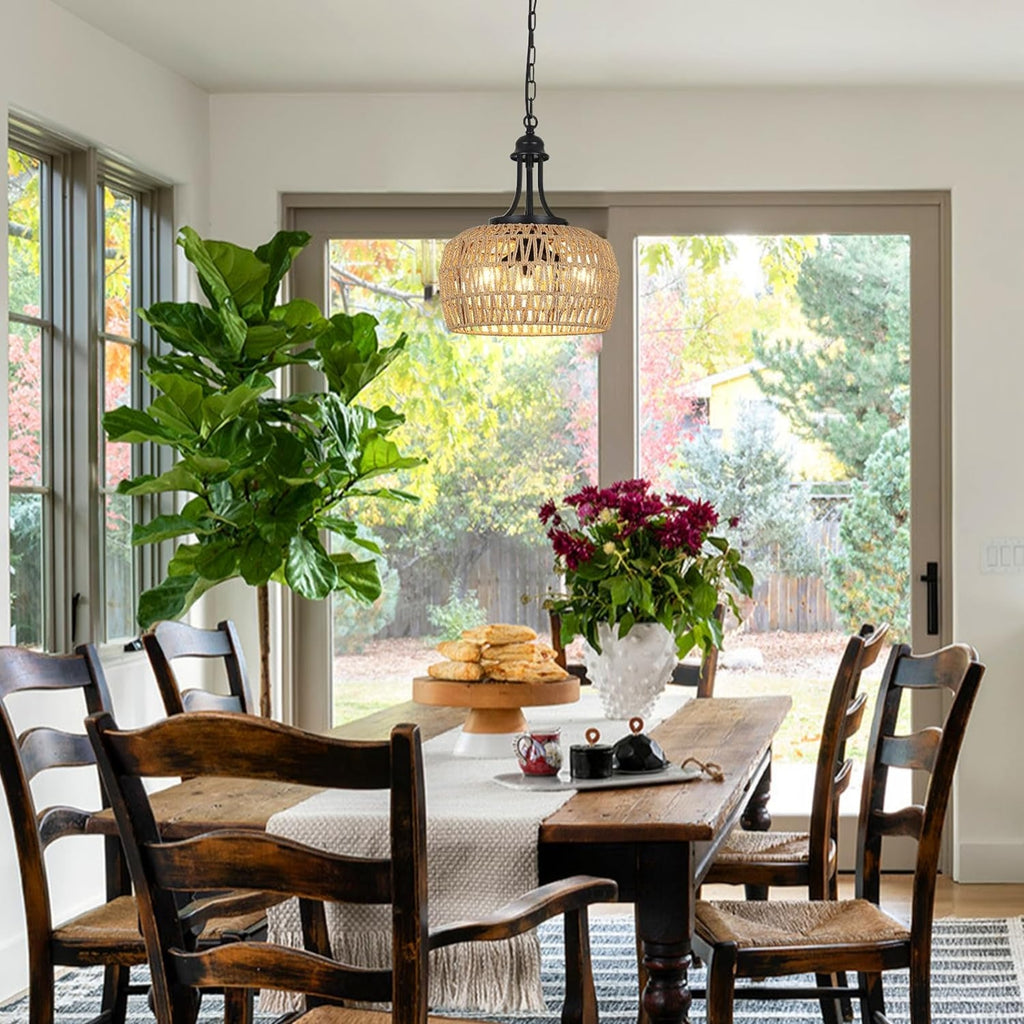Farmhouse Chandelier For Dining Room, 3-Light Boho Rattan Chandelier Light Fixture Ceiling Hanging W
