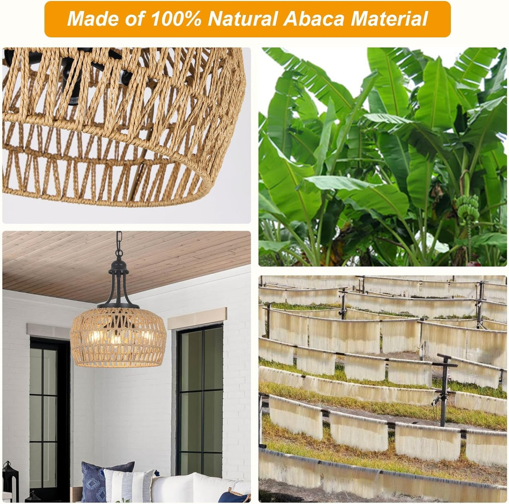 Farmhouse Chandelier For Dining Room, 3-Light Boho Rattan Chandelier Light Fixture Ceiling Hanging W