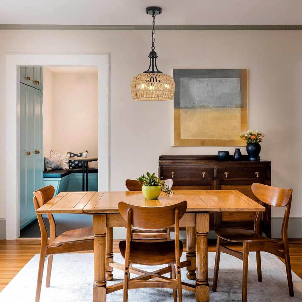 Farmhouse Chandelier For Dining Room, 3-Light Boho Rattan Chandelier Light Fixture Ceiling Hanging W